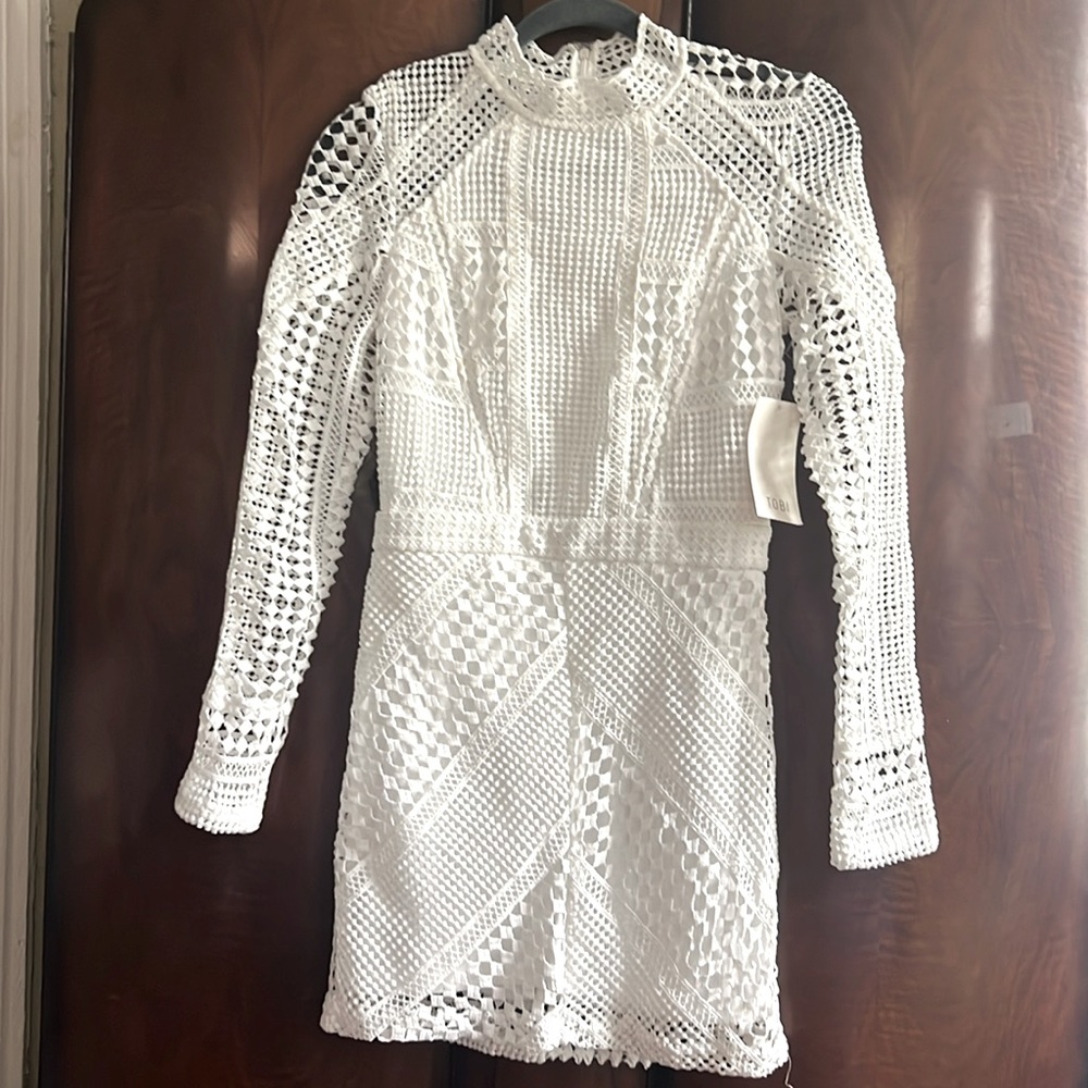 White long sleeve mini crochet cocktail dress